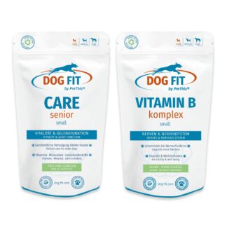 Aufbau-Set für alte Hunde | CARE senior & VITAMIN B | Gelenke, Nerven & Vitalität | Hyaluron & B12 | DOG FIT by PreThis small bis 10kg | 120 Kapseln*