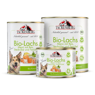 Bio Dosen Menü mit Lachs & Reis für Hunde  - 6 x 800 g - Premiumqualität von Tackenberg*