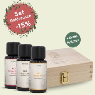 Set: BIO Aromen Goldrausch - Kakao + Tonka + Orange + gratis Holzbox - 3x10ml*