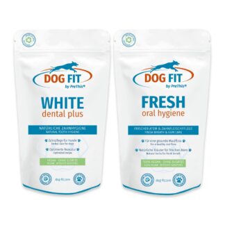 WHITE dental plus & FRESH Dentalset für Hunde | Zahnpflege & frischer Atem | Zahnstein, Mundgeruch & Zahnfleisch | DOG FIT by PreThis | 80g Topping*